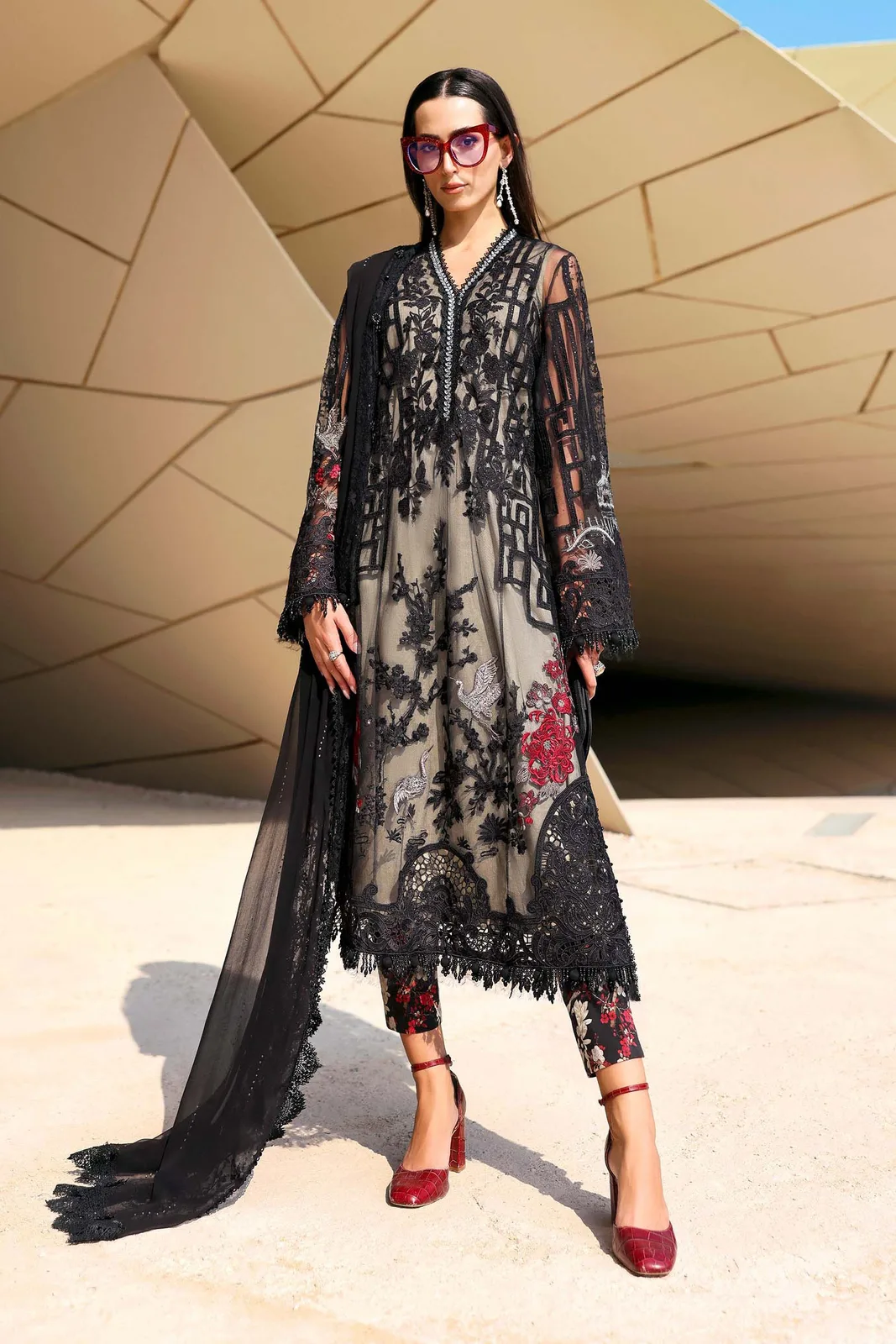 3 Piece Unstitched Embroidered Net Suit